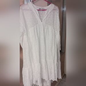 Zara White Eyelet Dress Small High Low Long Sleeve
